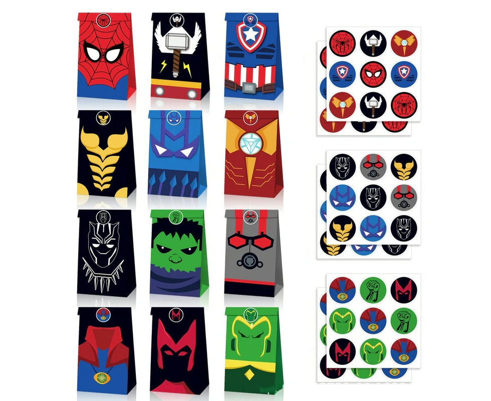 12PCS Avengers Paper Lolly Gift Bag & 18pcs Stickers Party Supplies Superhero Kids Birthday Decoration