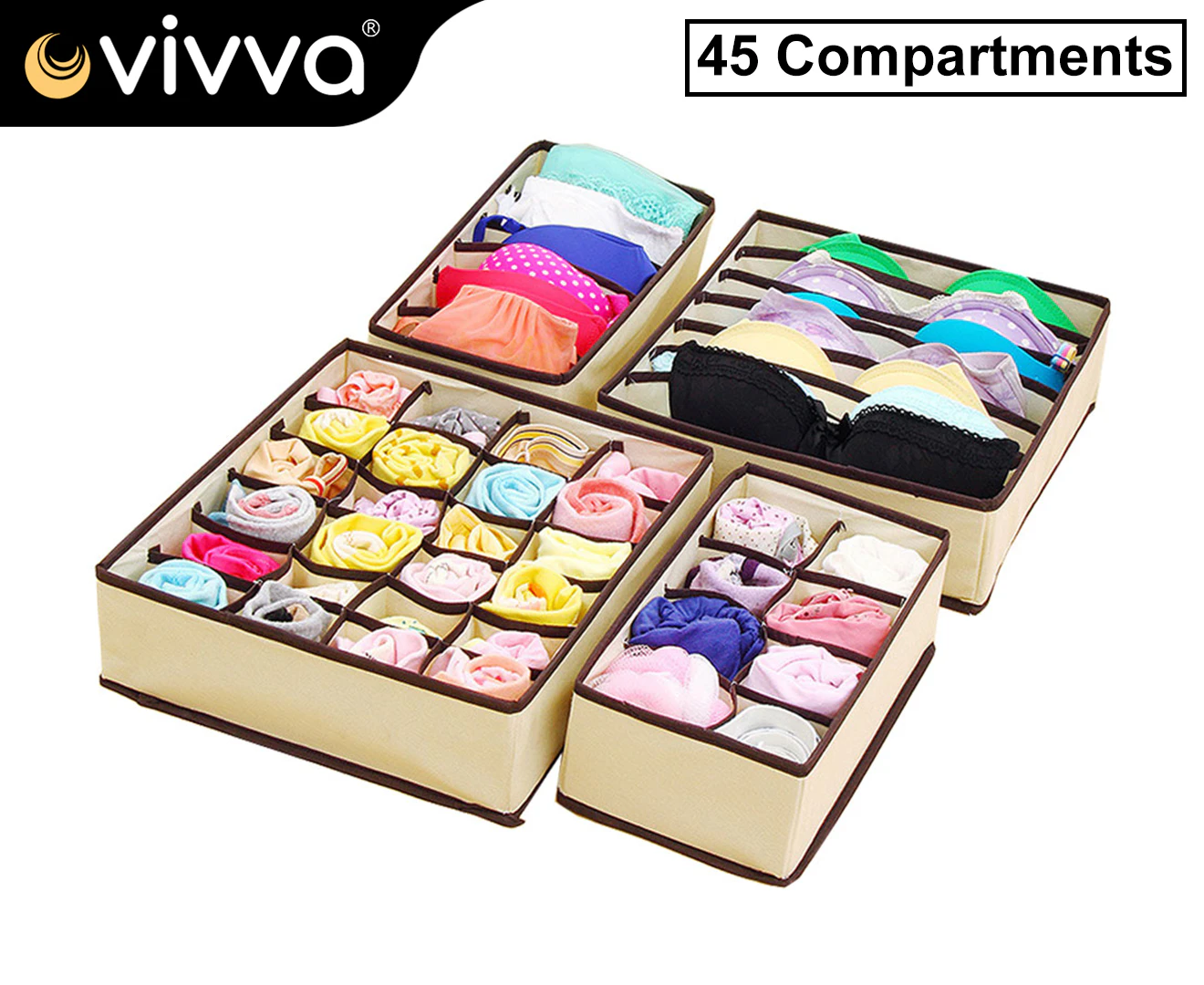 Vivva Set of 4 Foldable Drawer Organizer Divider,Storage Closet Box for Bra Sock Underwear - Cream