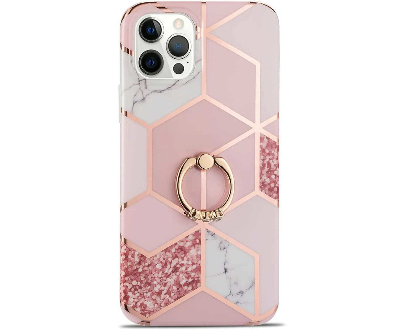 Compatible with iPhone 12 Pro Max Case Marble with Ring Holder Stand Kickstand Glitter Sparkle Design Women(Rose Gold)