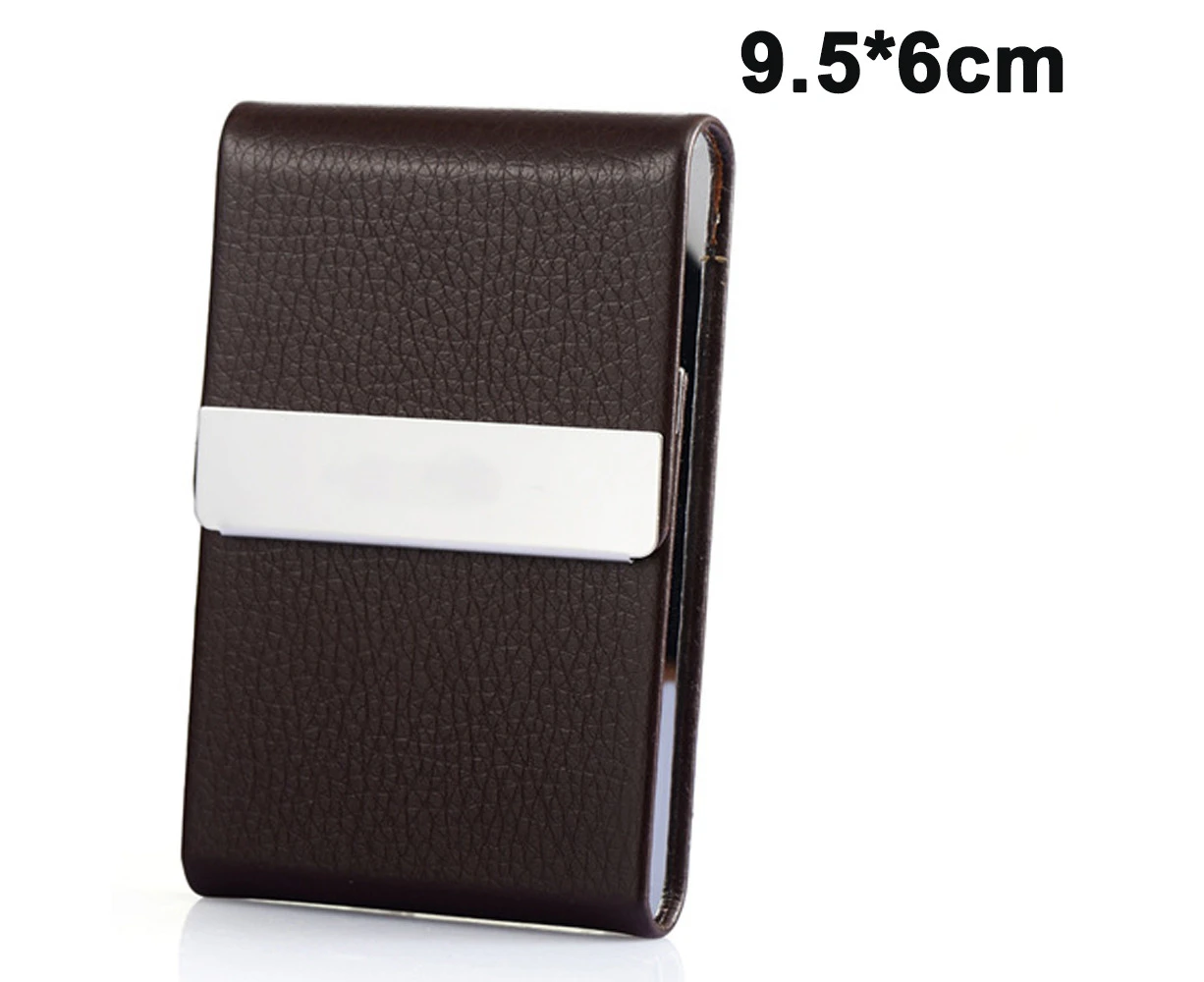 Business Card Holder Case - PU Leather Business Card Case Metal Name Card Holder Pocket Business-Coffee Color