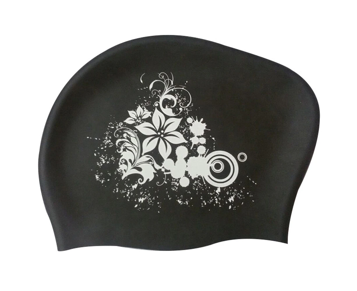 Swim Cap Women, Silicone Swimming Cap For Long Hair With Flower Printed - Black