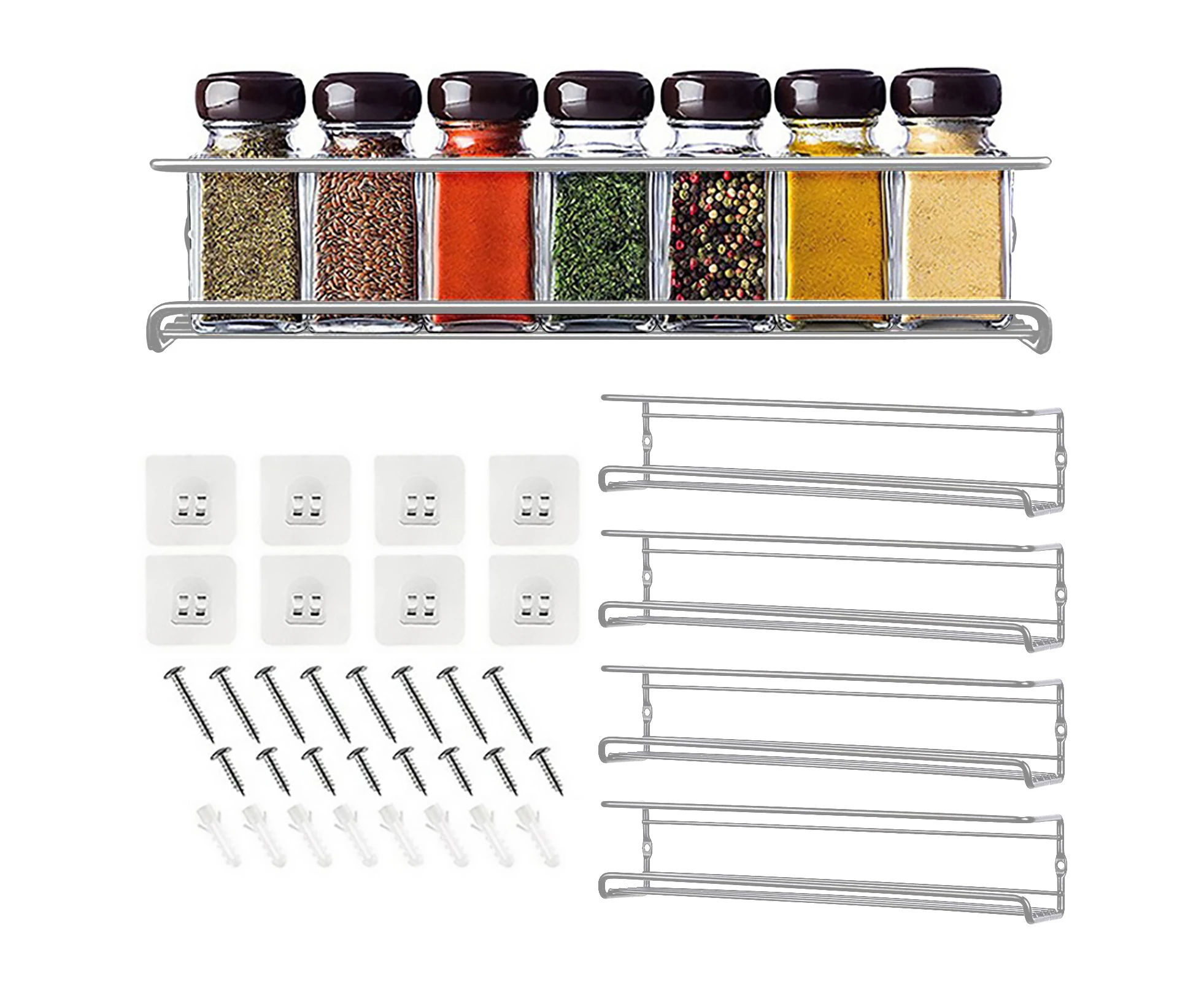 siyi 2/4Pcs Spice Rack Wall-mounted Screw Or Adhesive Space-Saving Hanging Spice Jars Rack Organizer Kitchen Supplies-Silver 4pcs