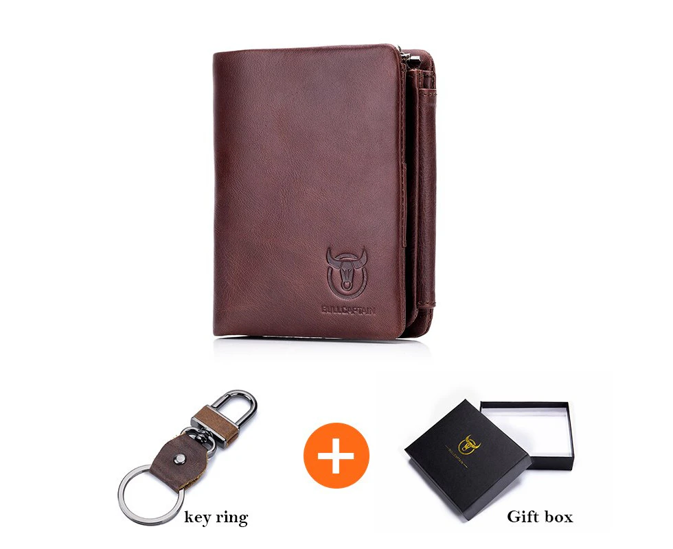 BULLCAPTAIN Brand Leather RFID Retro Wallet Men's Small Zipper Wallet Card Bag Men's Wallet Clutch—Brown