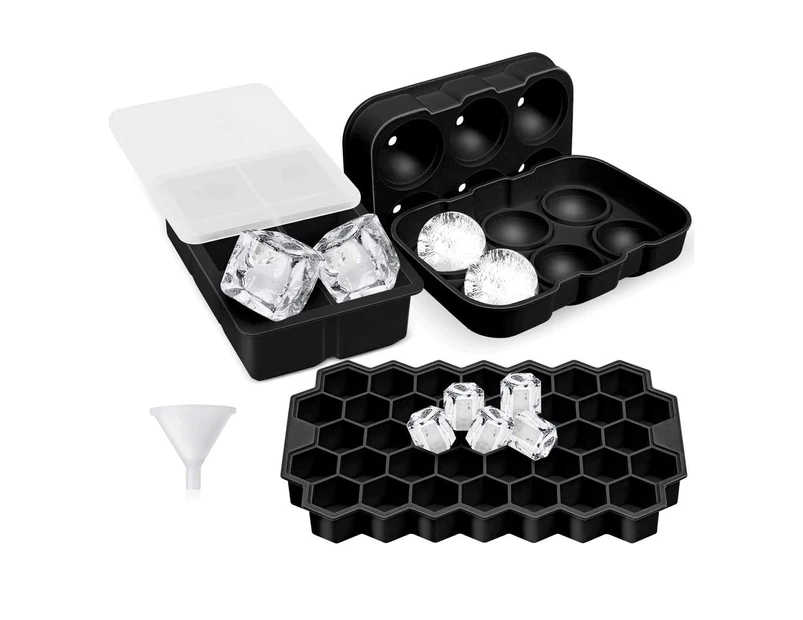 3 Pack Silicone Ice Cube Trays with Lids Sphere Square Honeycomb Ice Cube Mold