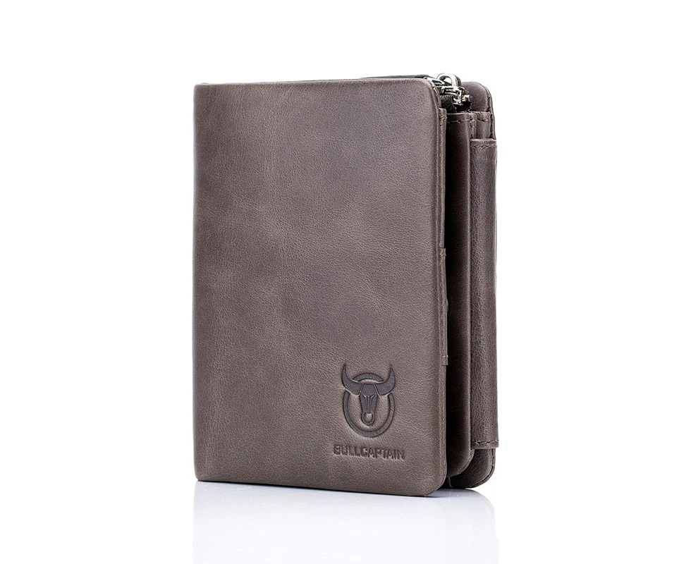 BULLCAPTAIN Brand Leather RFID Retro Wallet Men's Small Zipper Wallet Card Bag Men's Wallet Clutch—Grey