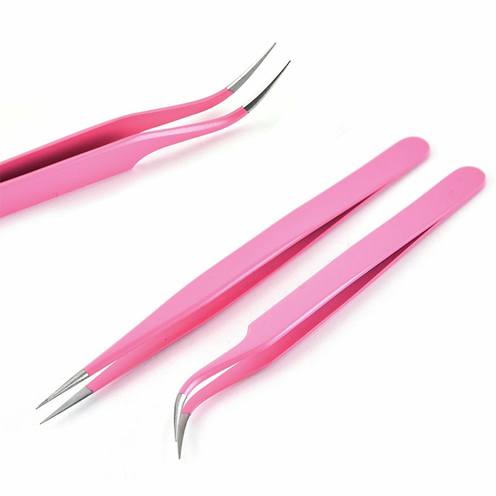 2PCS Eyelash Tweezers Eye Lash Clip Remover Tool False Extension Curved Pointed - Pink