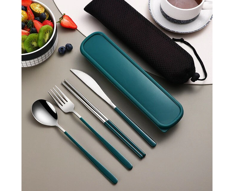 304 Tableware Set Portable Cutlery Set Dinnerware Set High Quality Stainless Steel Knife Fork Spoon Travel Flatware With Box --Green-silver