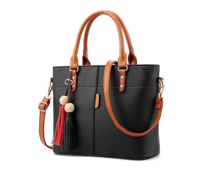 Women Solid Faux Leather Large Capacity Handbag Tassel Casual Crossbody Bag