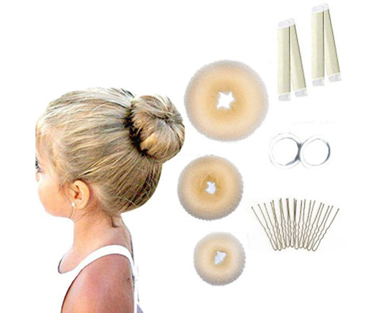 Donut Hair Bun Maker Set, 3 Pieces Hair Donut Bun Makers, 2 Pieces Bun Hair Curlers, 10 Pieces Hair Pin, 2 Pieces Hair Ties - White