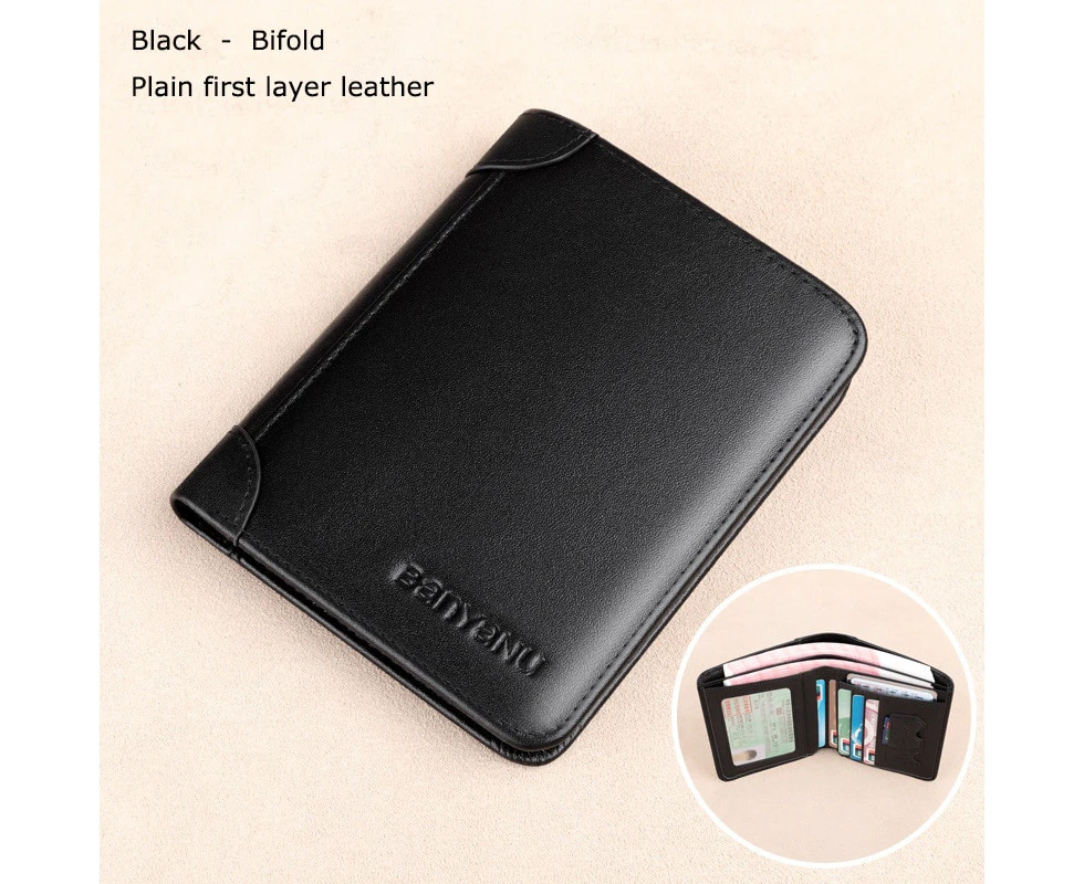 Luxury Anti Rfid Men Wallet Genuine Leather Men Wallets Short Male Purse Card Holder Wallet Men Money Bag Top Quality Slim Walet—Black