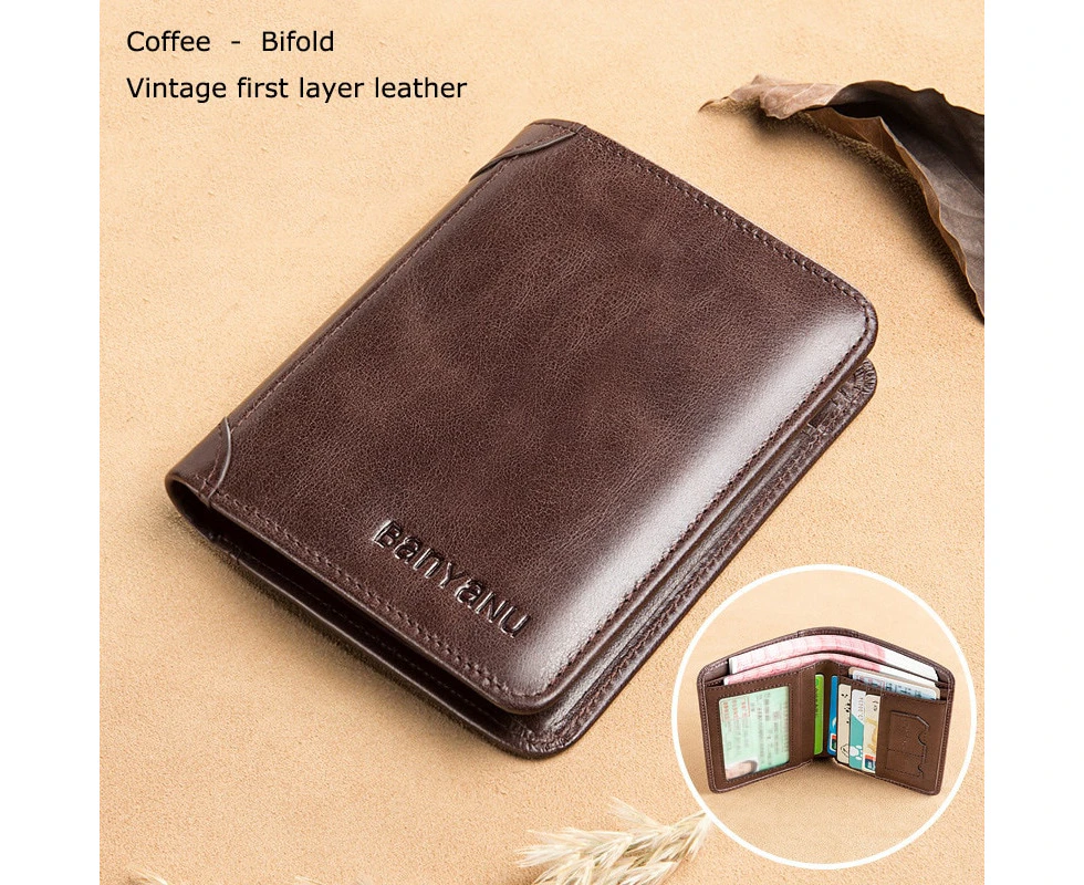 Luxury Anti Rfid Men Wallet Genuine Leather Men Wallets Short Male Purse Card Holder Wallet Men Money Bag Top Quality Slim Walet—Brown