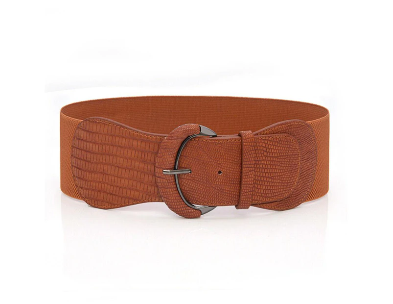 Ladies Faux Leather Wide Stretch Waist Belt - Camel