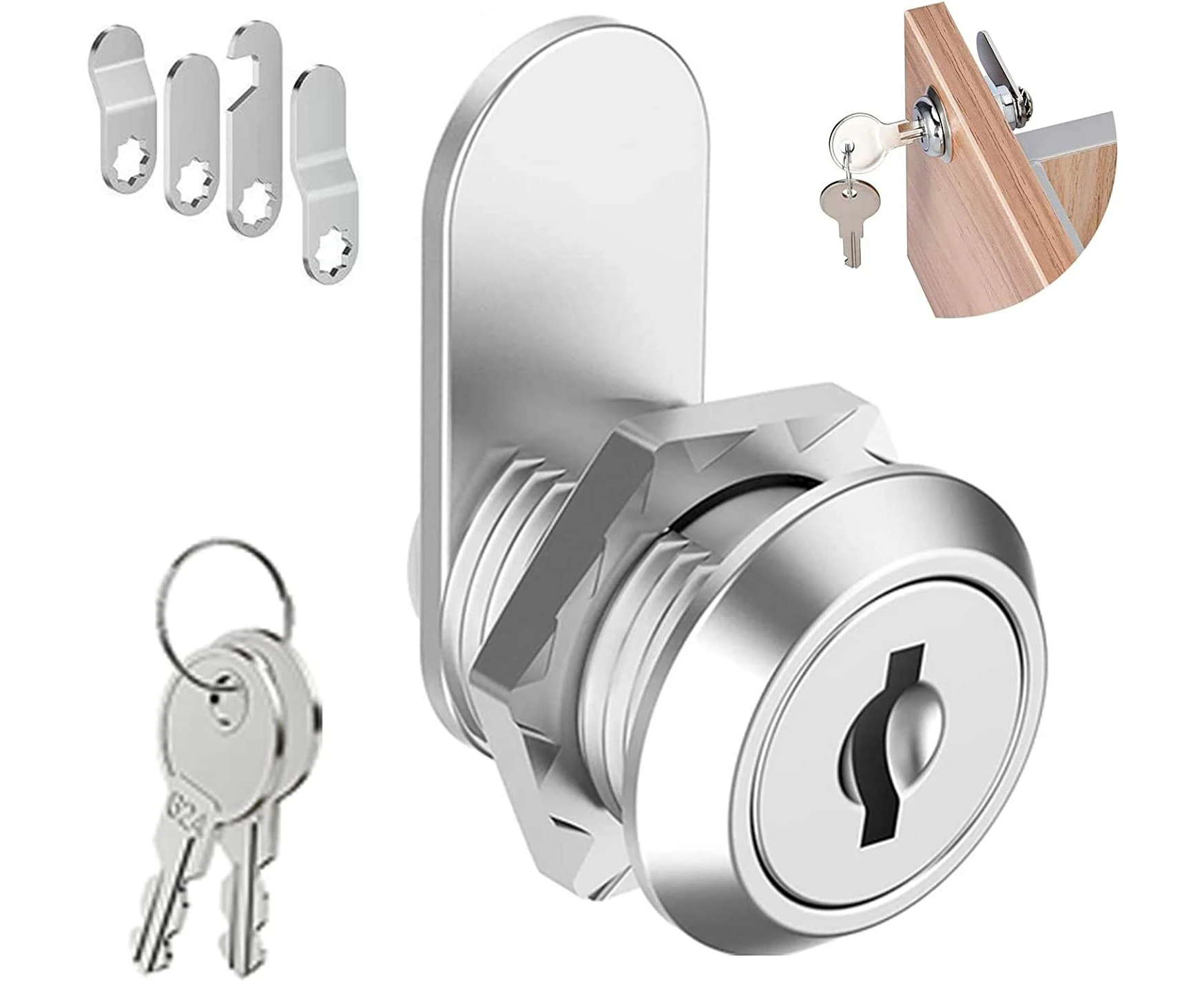 Cam Lock 16 Mm With 4 Different Locking Plates, Security Cabinet Lock For Letterbox Doors Cupboard Drawer Lock, Post Box Lock With 2 Identical Keys