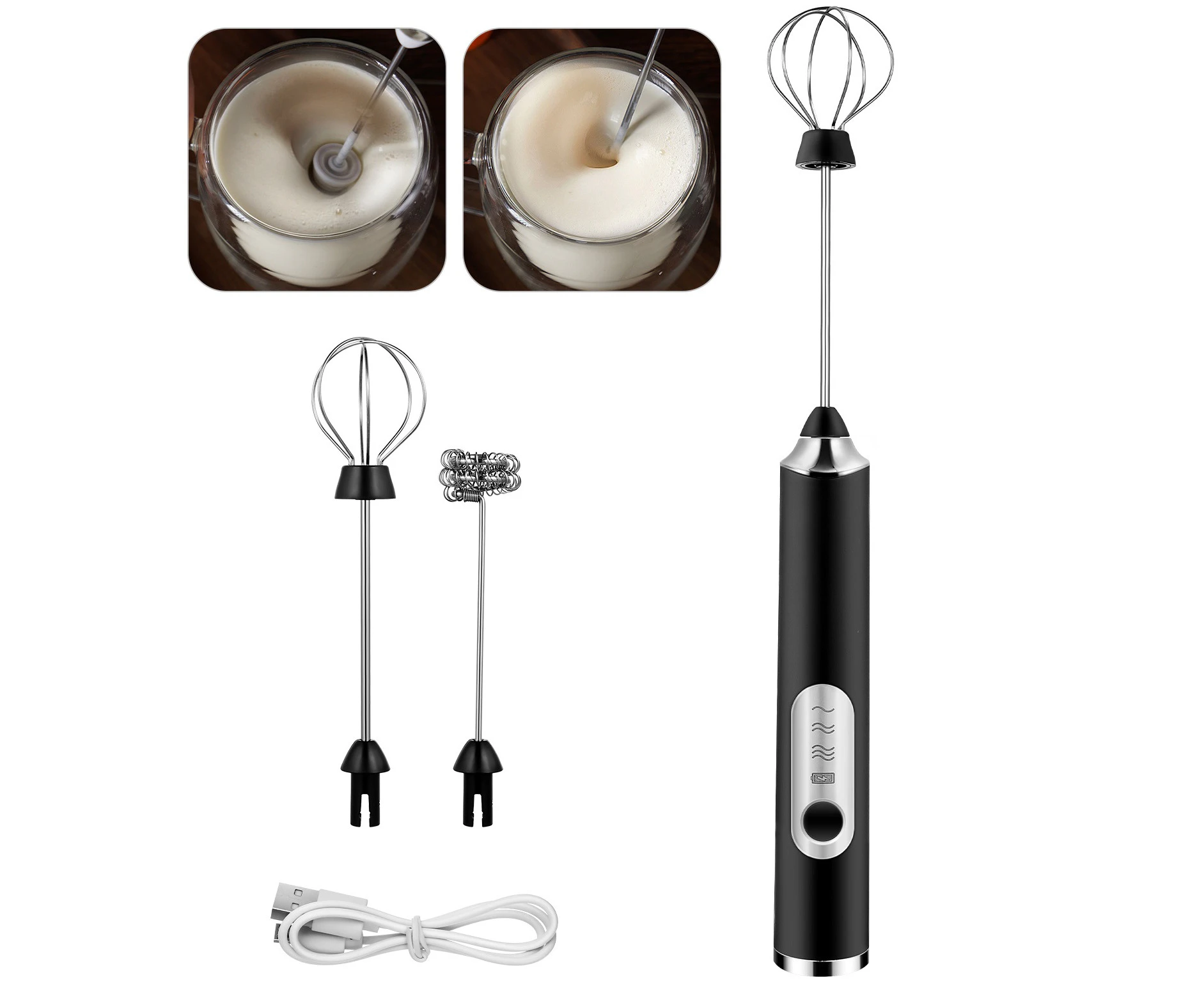 Rechargeable Electric Milk Forther Handheld Whisk Foam Maker 3-Speed Automatic Egg Beater Coffee Matcha Mixer Black