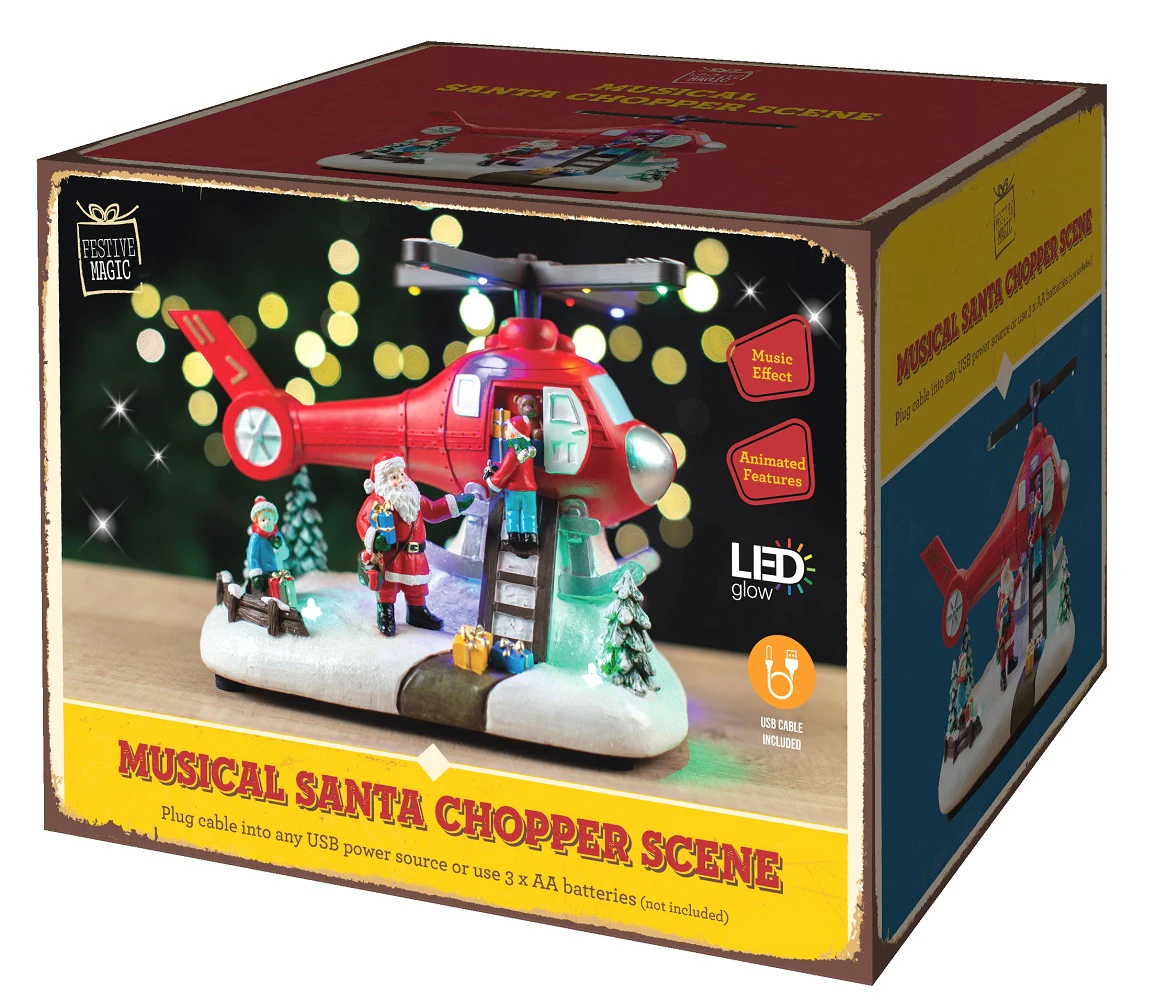 Musical Santa HELICOPTER Village Scene Ornament Christmas LED Lights Decoration Spinning Propeller