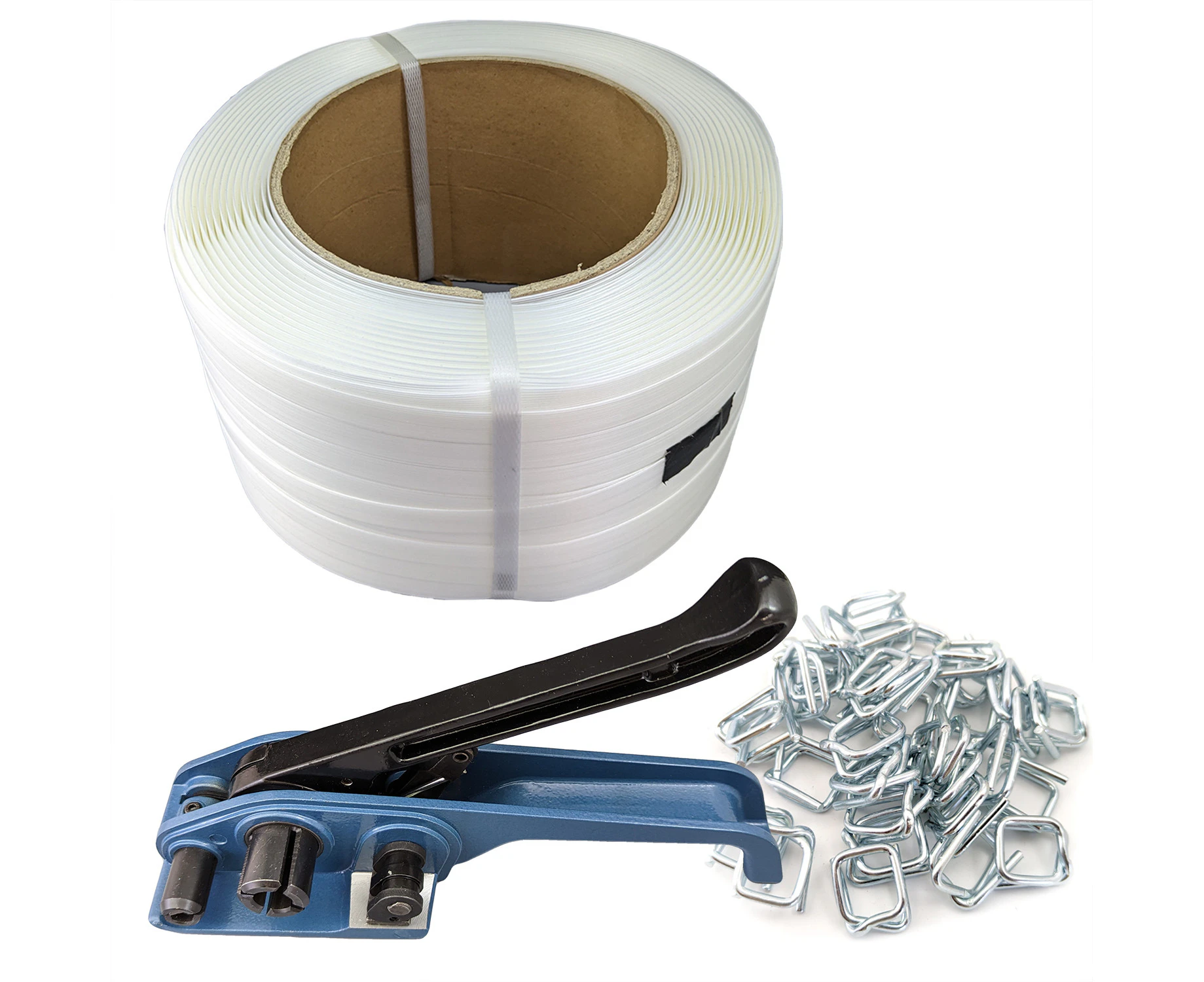 1 Roll/500M Super Heavy Duty PE Soft Strap + 200pcs clips + Tensioner for Cargo Strapping Logistics Packing Warehouse Packaging Pallet Wrapping Max 800KG