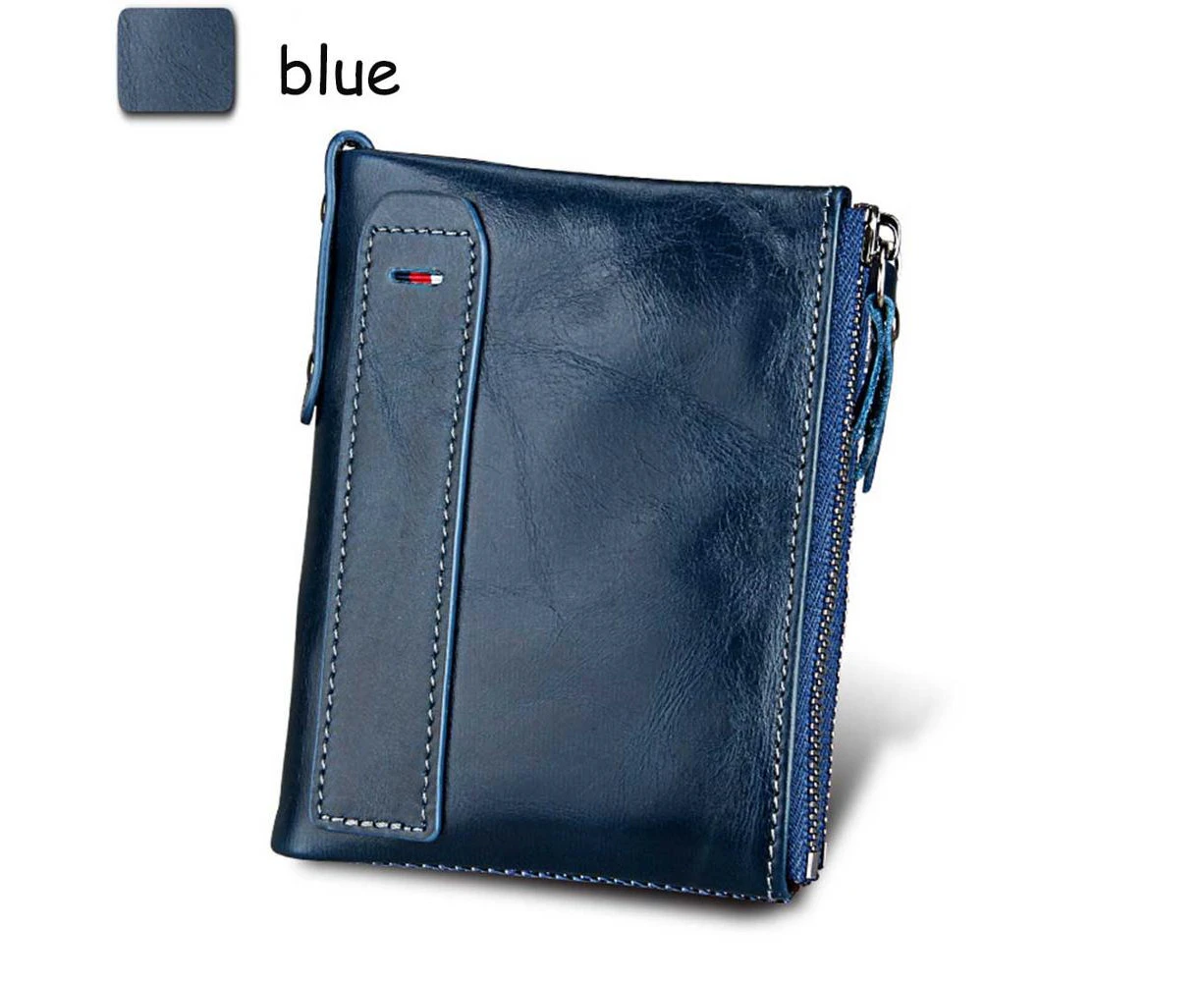 Genuine Cow Leather Men Wallets RFID Double Zipper Card Holder High Quality Male Wallets Purse Vintage Coin Holder Men Wallets—Blue