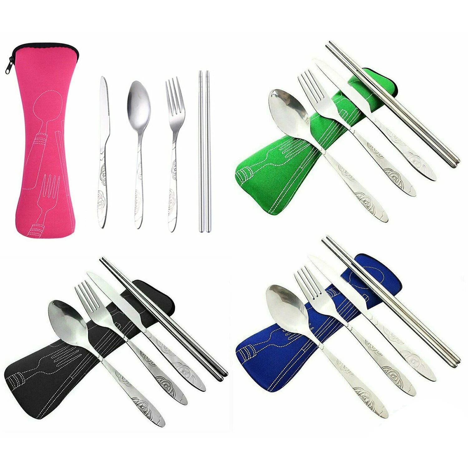 4Pcs Stainless Steel Cutlery Set Knife Fork Spoon Chopsticks With Portable Bag A - Green