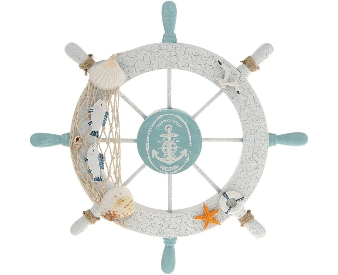 Nautical Beach Wooden Boat Ship Steering Wheel Fishing Net Shell Home Wall Decor White - Fish