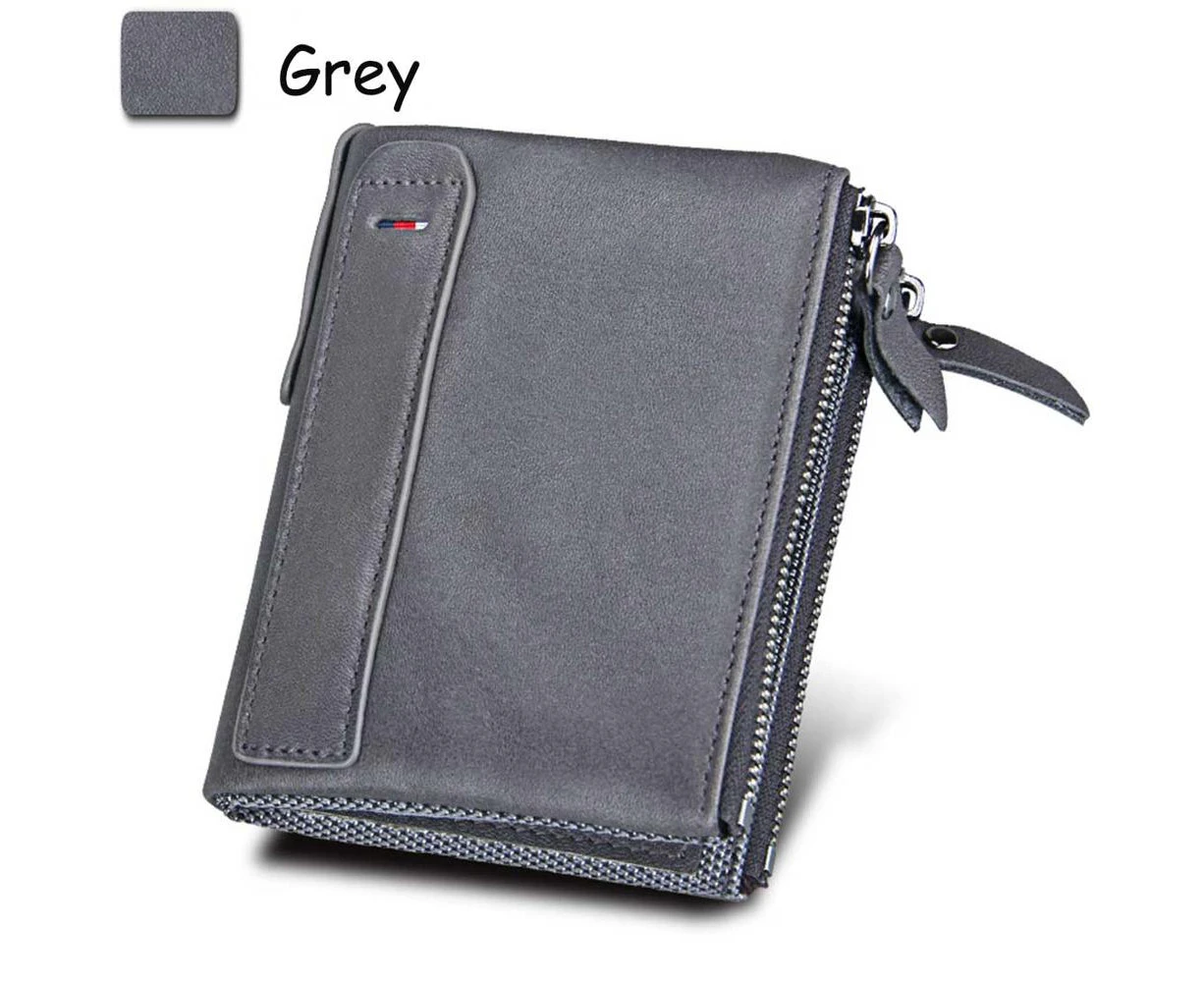 Genuine Cow Leather Men Wallets RFID Double Zipper Card Holder High Quality Male Wallets Purse Vintage Coin Holder Men Wallets—Grey