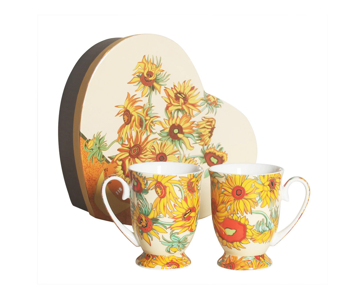 Elegant Kitchen Tea Coffee Sunflowers Mugs Cups Set of 2 Heart Box