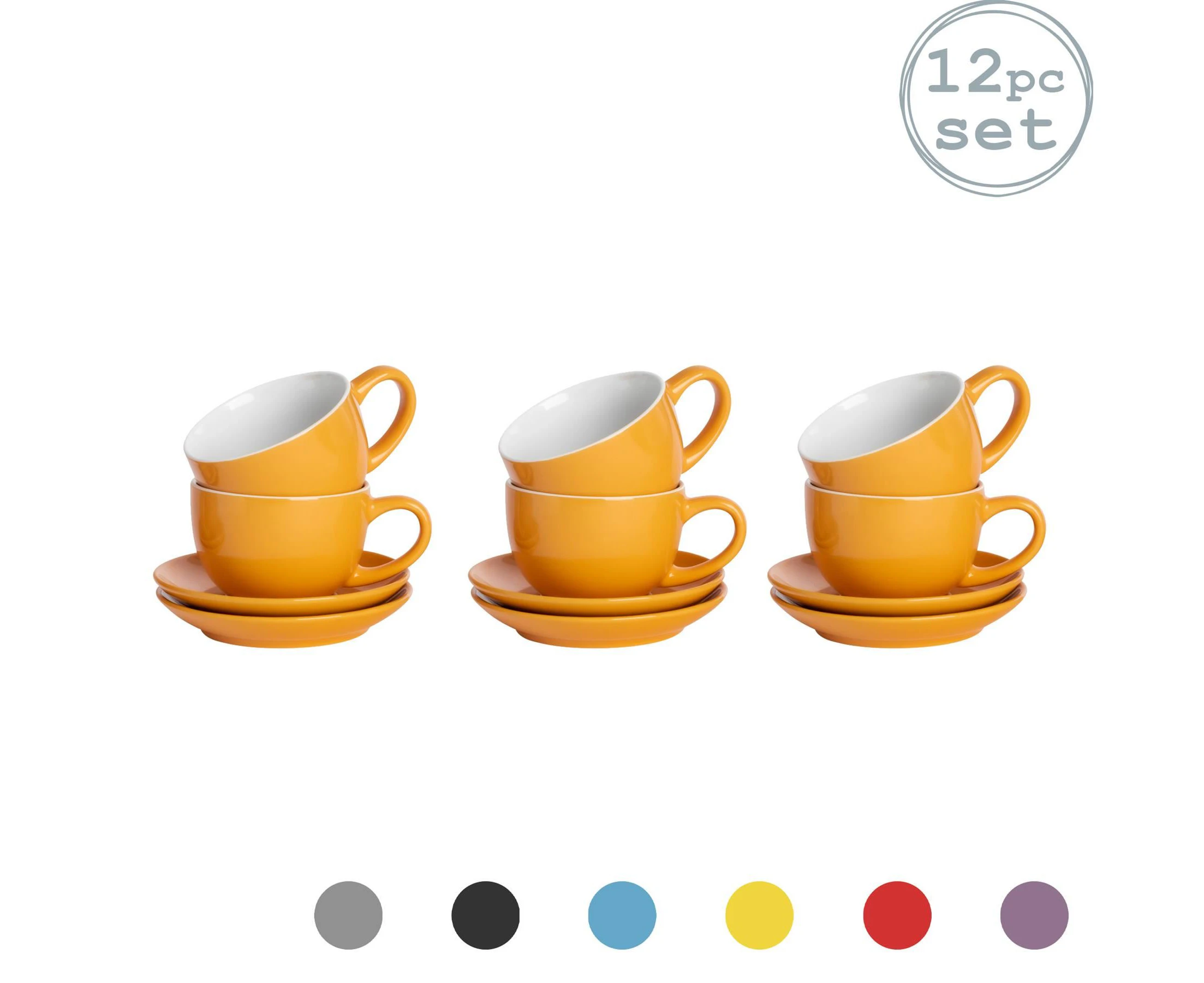 Argon Tableware 12 Piece Coloured Cappuccino Cup and Saucer Set - Yellow - 250ml