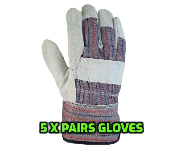 5 Pairs Leather Ppe Work Gloves General Purpose Gloves Heavy Rigger Gardening - Grey