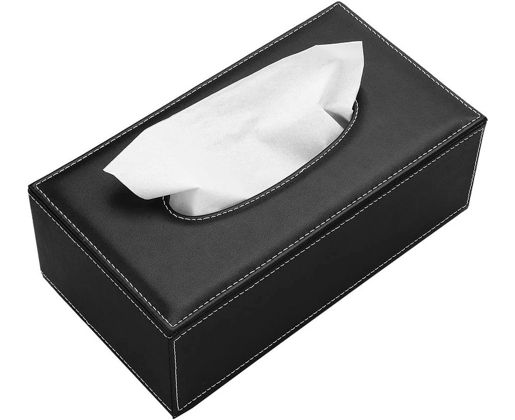 PU Leather Tissue Box Holder, Rectangular Napkin Holder, Paper Case Dispenser for Home, Office, Car, Automobile Decoration (Black)