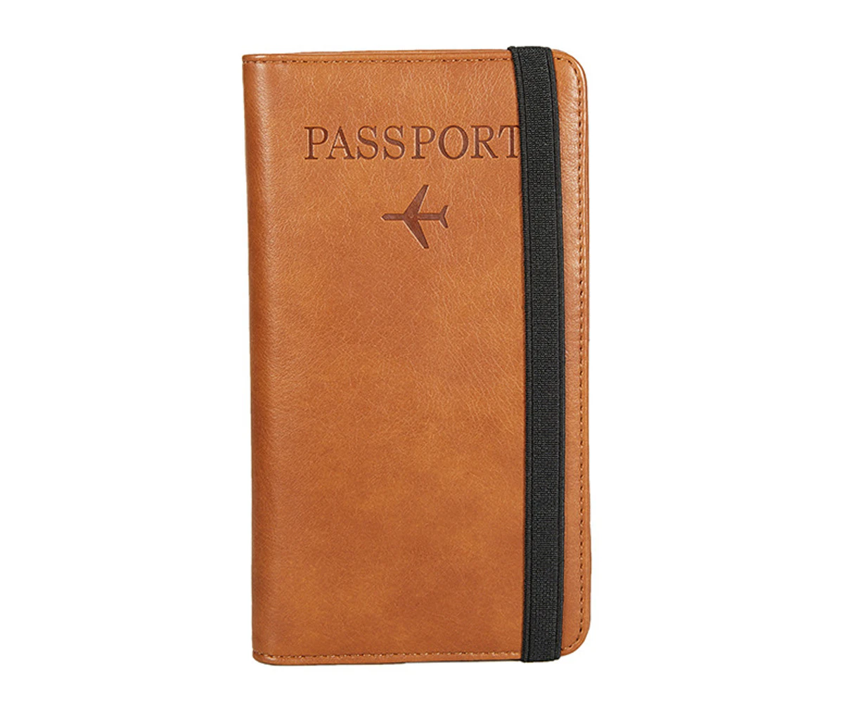 Passport Holder Cover Wallet Rfid Blocking Leather Card Case Travel Accessories For Women Men, With Elastic Strap,Light Brown