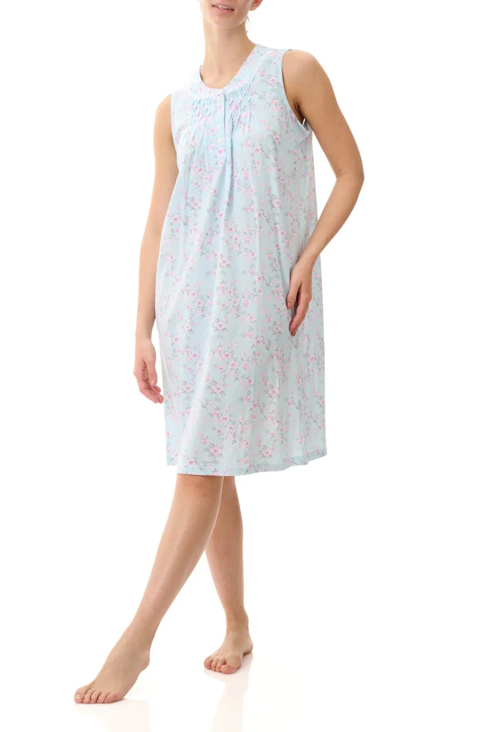 Ladies PJS Givoni Mint Floral Cotton Sleeveless Nightie Short Length (Victoria 04V) - Mint