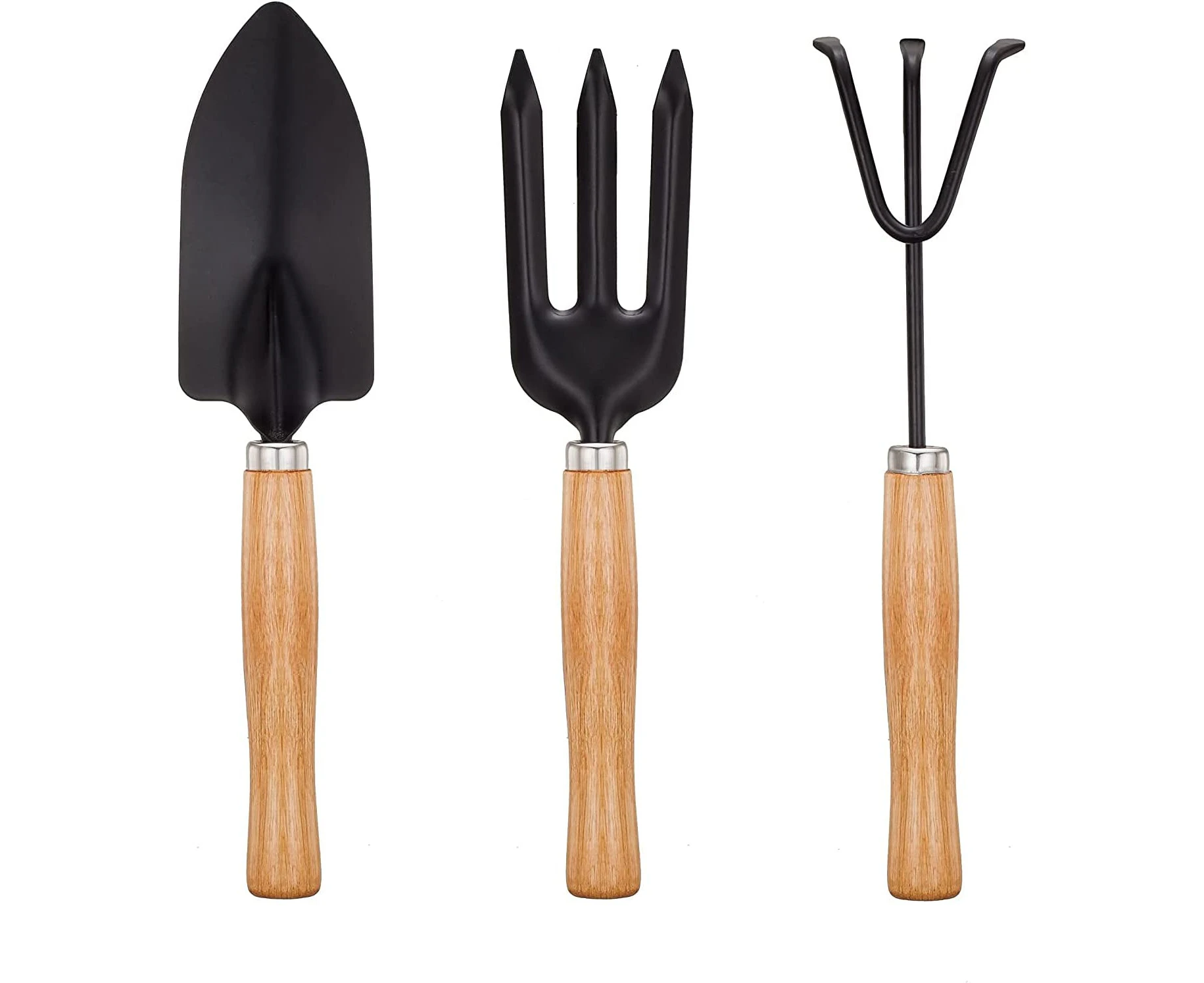 Mini Garden Tools Set, Garden Tool Kit with 3 Piece Wooden Handle&Black Metal Fork, Trowel, Cultivator