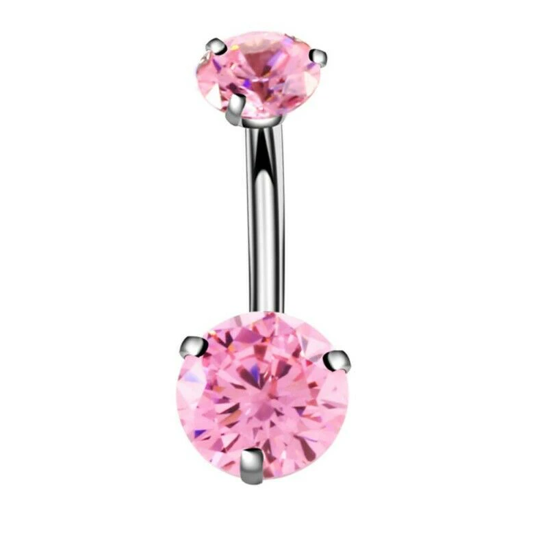 Navel Belly Bar Piercing Ring Crystal Zircon Surgical Steel Silver Jewellery - Pink