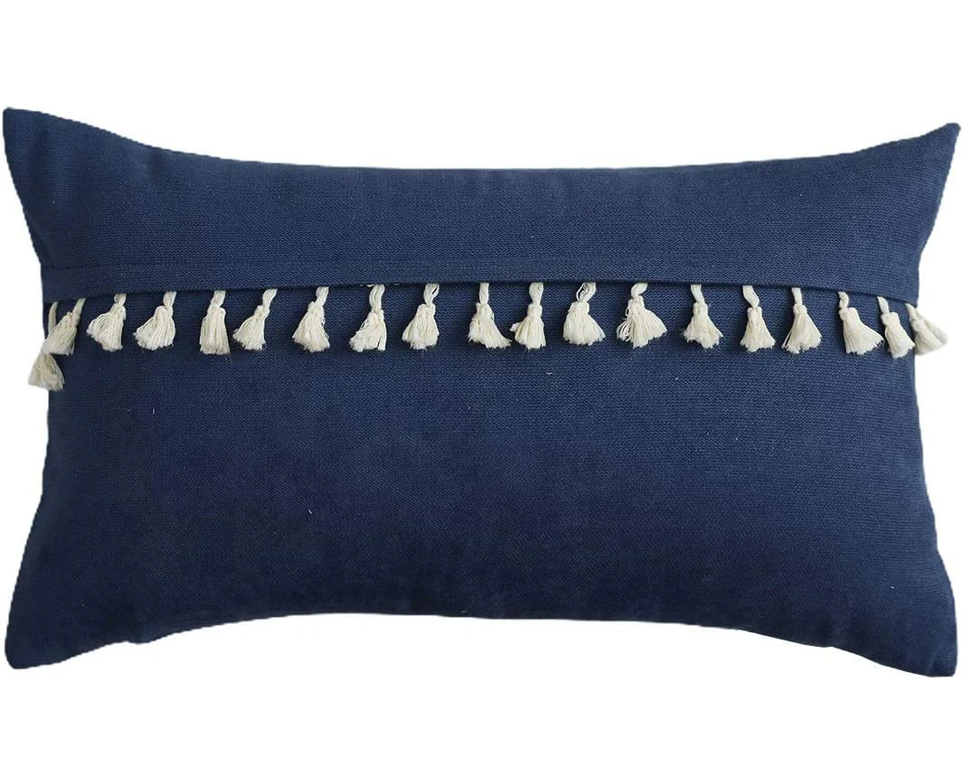 Boho Decorative Lumbar Throw Pillow Cover with Tassels for Couch Bed Sofa Super Soft Solid Accent Cushion Case (Navy,12"x20")