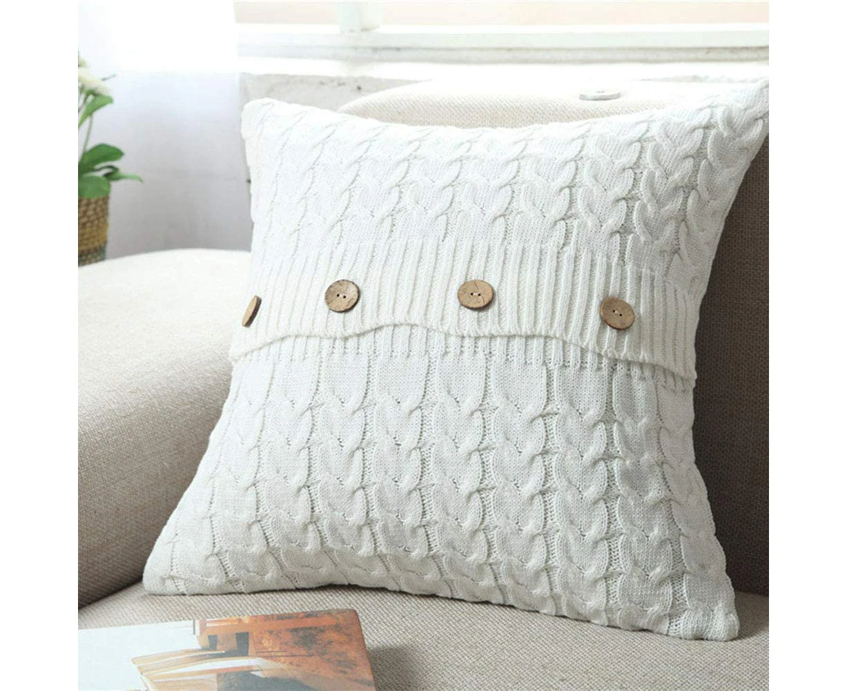 Cotton Cable Knit Pillow Cover Soft Warm Throw Pillow Case Cushion Cover Decorative Pillow Cover with Buttons (White, 18x18 inches)