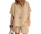 ZANZEA Summer Cotton Linen Sets Women Short Sleeve Tops Loose Shorts Casual Outfits Suits - Beige
