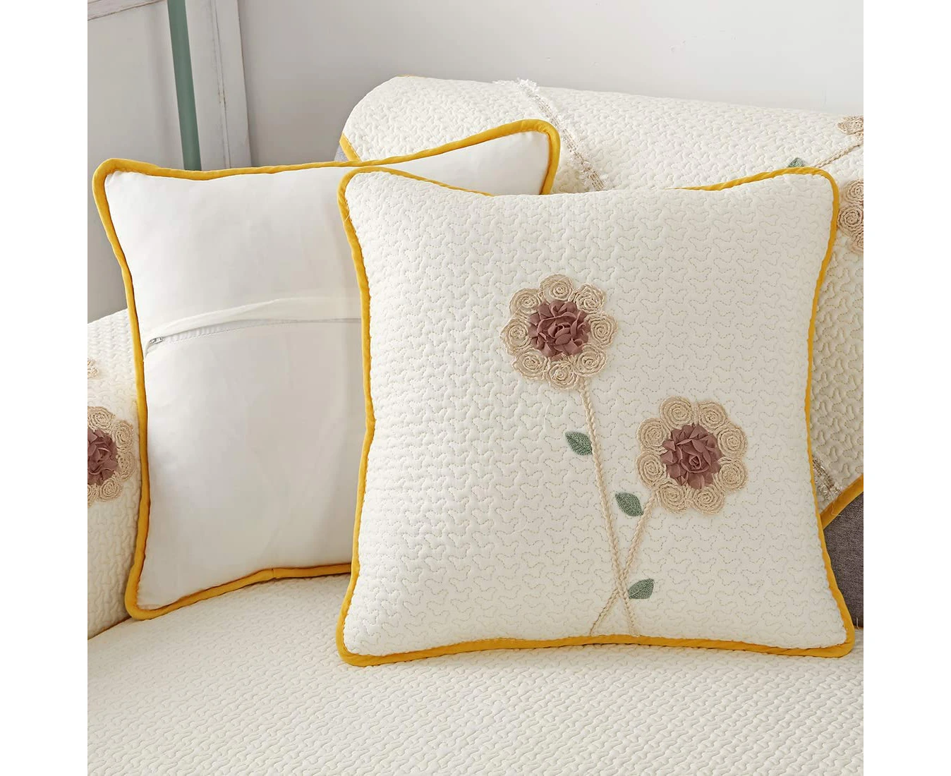 2 Packs 3D Sunflower Decorative Square Throw Pillow Covers for Couch Bed Sofa Cotton Quilted Soft Cushion Covers (Cream,18"x18")