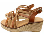 Lola Canales Cathy Womens Spanish Leather Wedge Sandals - Tan