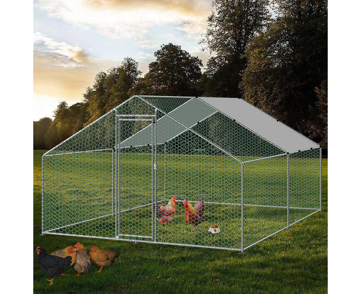 riin Large Walk-in Chicken Coop Outdoor Run Metal Shed Cage Pen Hen House Rabbit Hutch Ferret Chook Guinea Pig with Roof Cover 3x4x2m