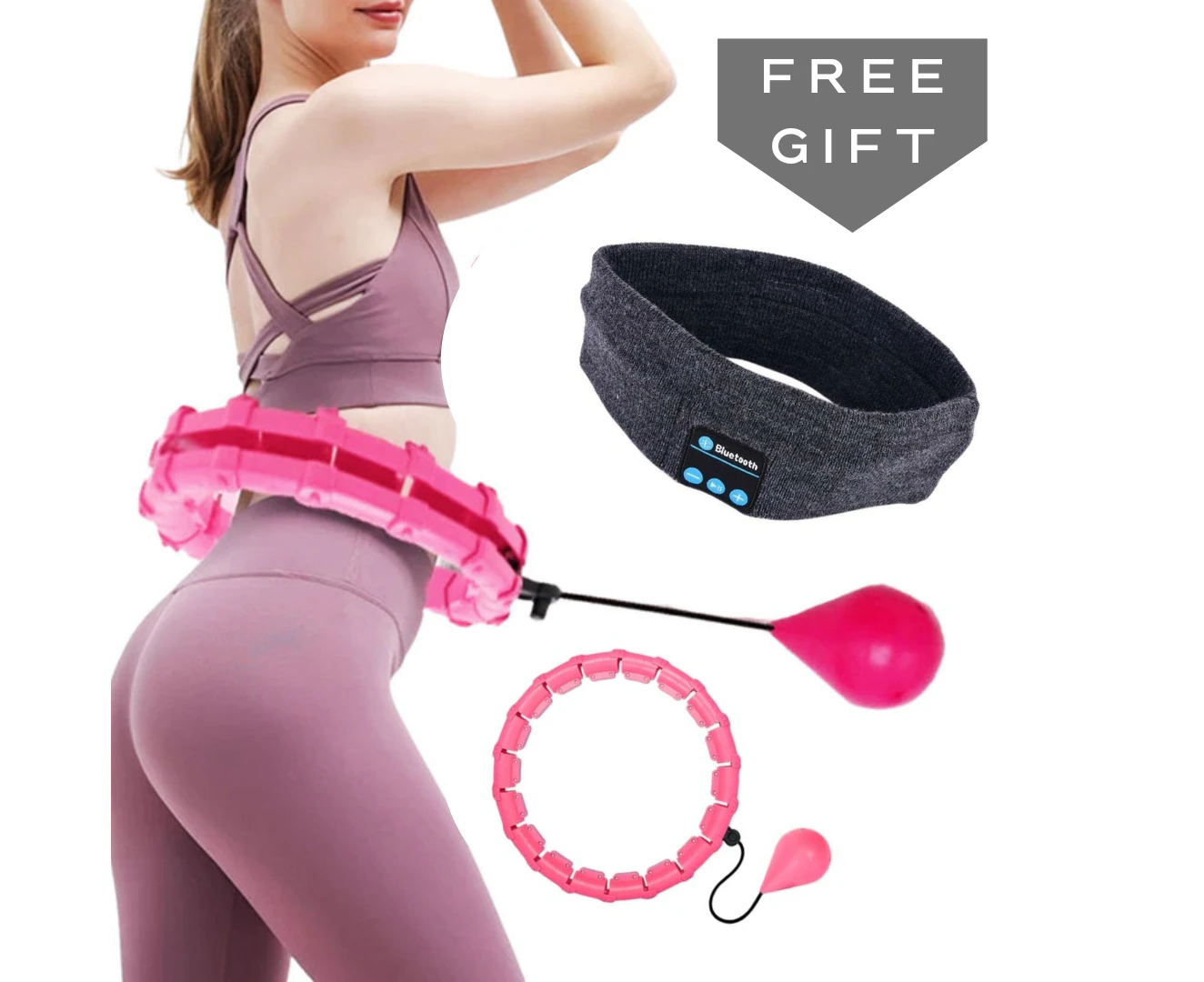 2 in 1 Weight Loss 24 Detachable Knots Massage Smart Hula Hoops - Pink with Wireless Bluetooth Headband w/Mic