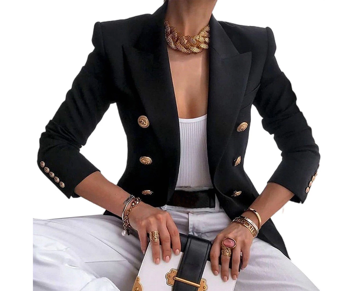 Womens Long Sleeve Peak Lapel Double Breasted Suit Jacket Coat Blazer Slim Fit Cardigan Casual - Black