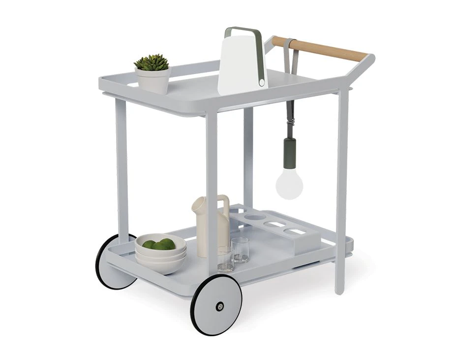 Imola Outdoor Teak Bar Cart Drinks Trolley Matt Silver Grey