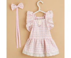 Summer Dog Clothes Bow Headdress Ruffled Sleeve Lace Hem Pullover Elegant Dressing-Up Soft Plaid Dress Pet Cat Two-legged Clothes Puppy Costume-S Pink