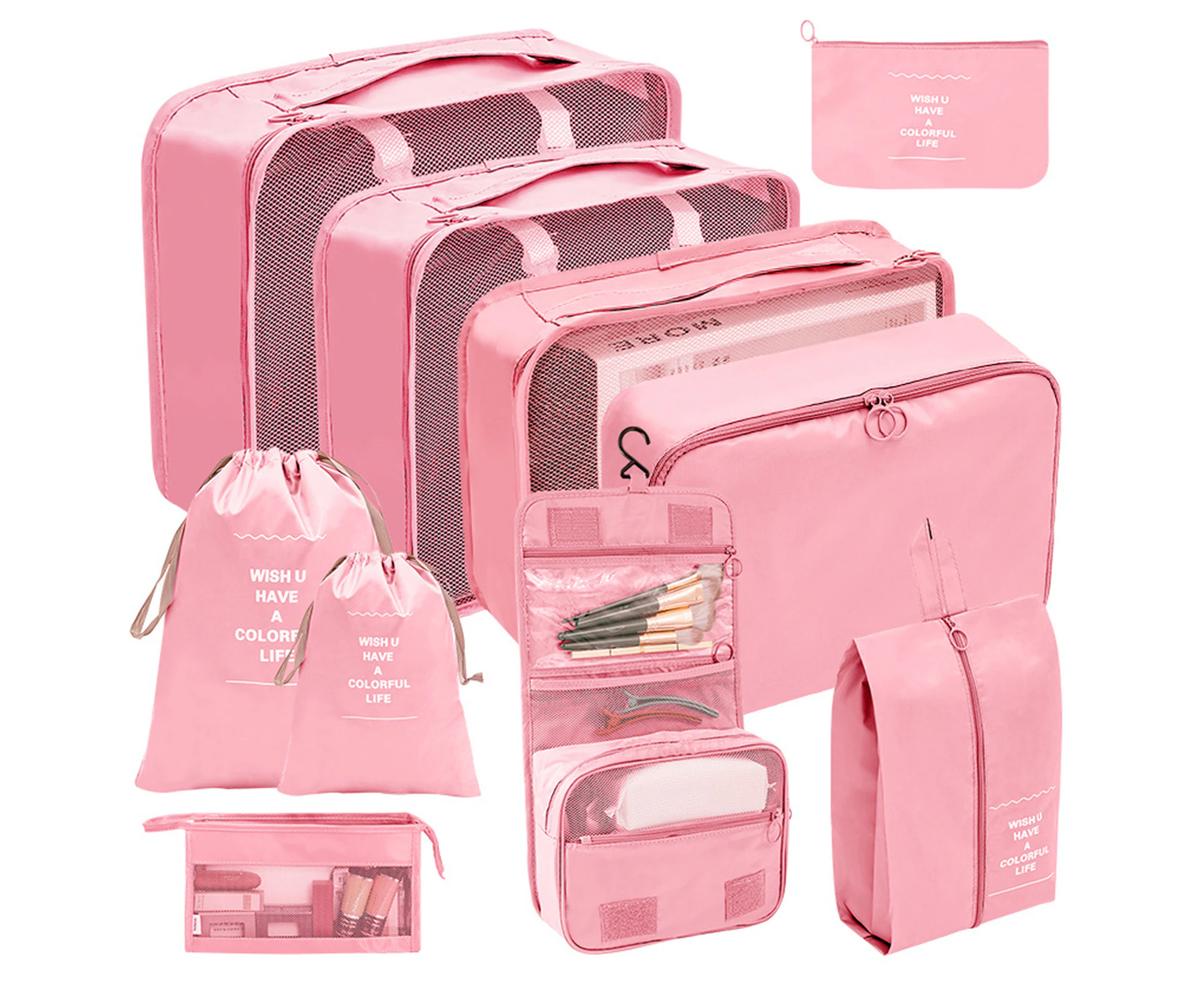 Leiou 10Pcs/Set Luggage Packing Organizers Zipper Waterproof Drawstring Travel Shoe Cosmetic Bags Home Supplies-Pink