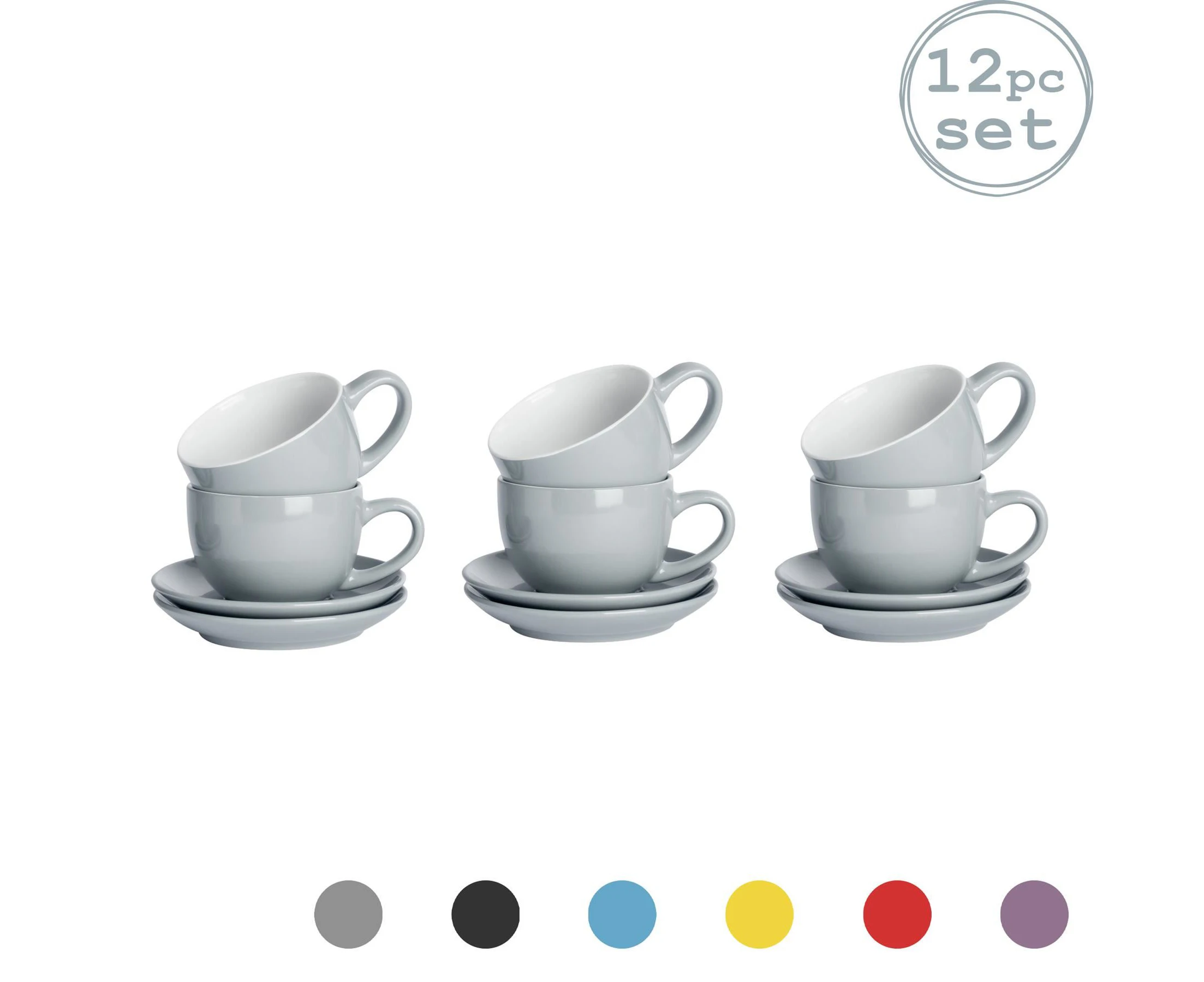 Argon Tableware 12 Piece Coloured Cappuccino Cup and Saucer Set - Grey - 250ml