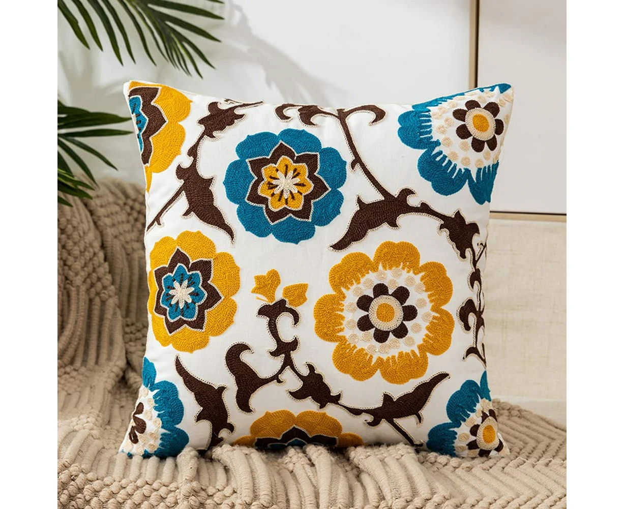 Embroidered Throw Pillow Cover Floral Tufted Woven Decorative Pillowcase Square Accent Cushion Cover for Sofa Couch Bedroom, No Insert (Floral B,18"x18")