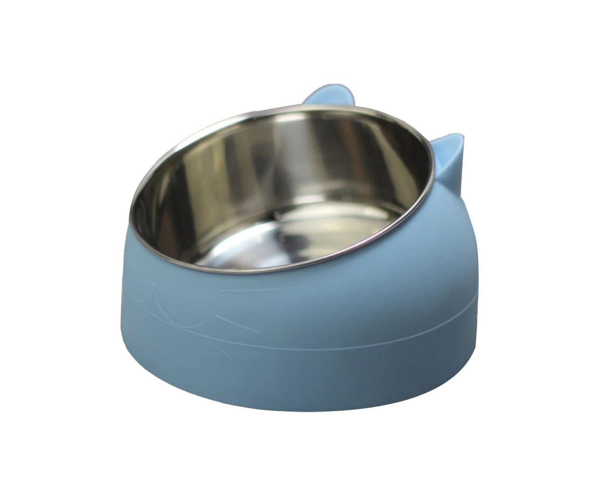 Nordic blue--Stainless steel cat bowl dog bowl double bowl protection cervical vertebra oblique mouth bowl 800ML