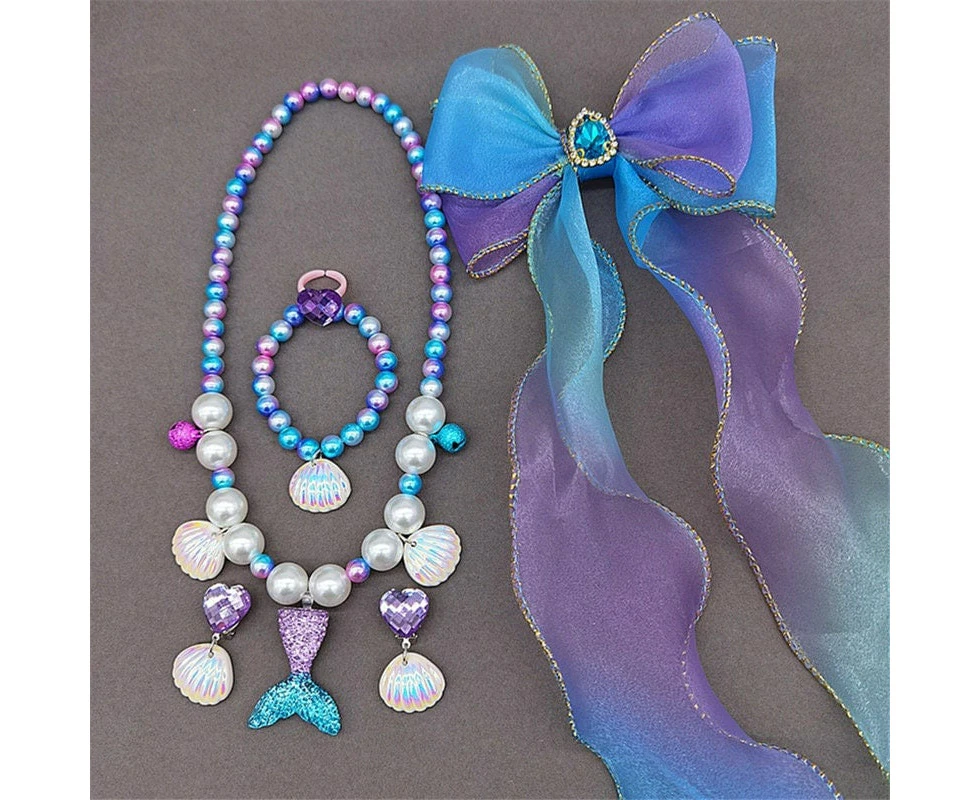 6pcs Mermaid Theme Kids Girls Jewellery Set | Purple Blue Necklace Bracelet Earrings Ring Bowknot for Kids Birthday BFF Gift Idea