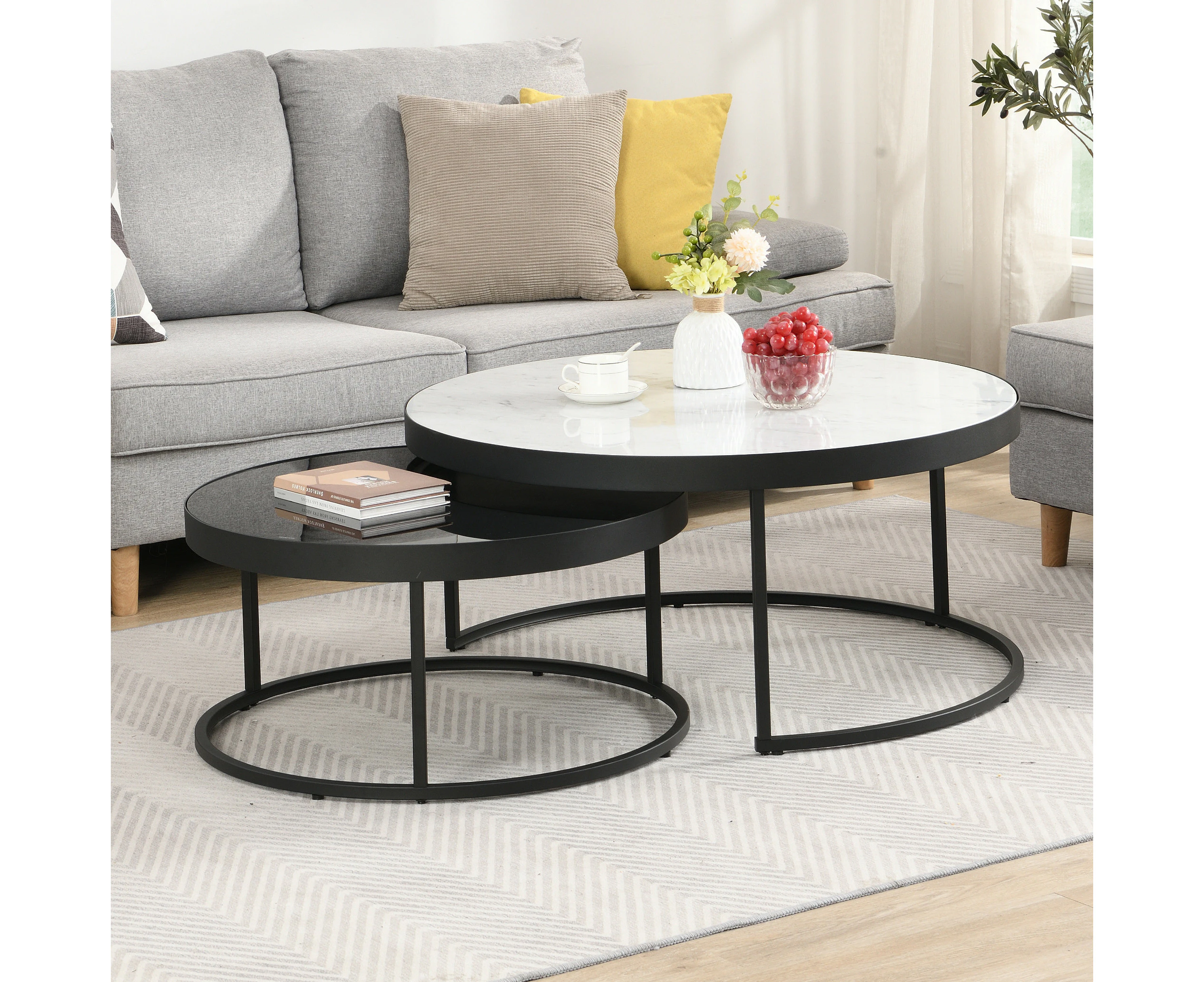 HLIVING Modern Nesting Round Coffee Tables Set of 2, Real Marble Coffee Table, Mid Century Accent Coffee Tables, White/Black