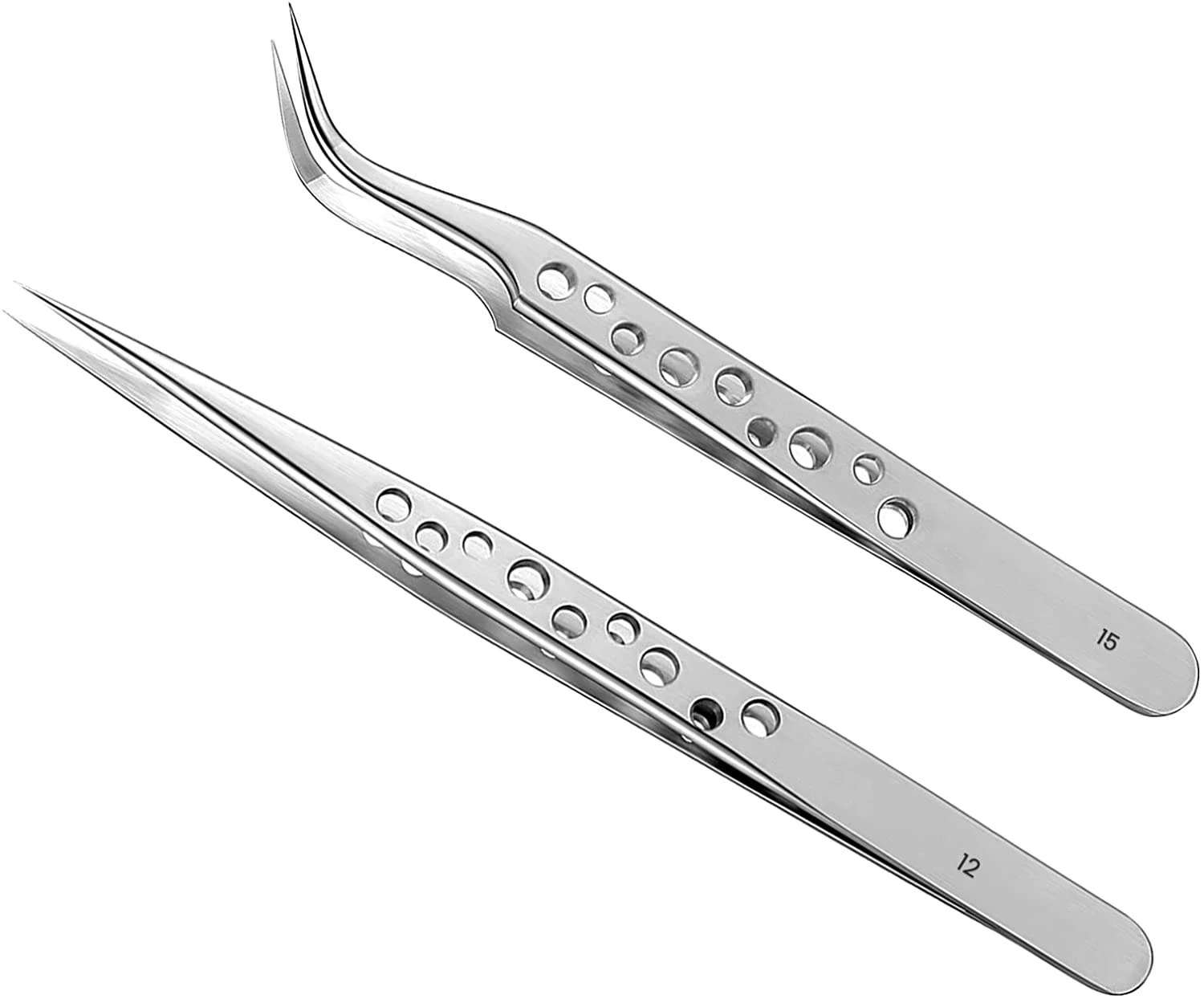 Eyelash Extension Tweezers Stainless Steel Straight and Curved Volume Lash Tweezers Set of 2 for Professional Eyelash Extension Application -9 Holes-