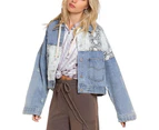 Strapsco Womens Distressed Denim Jacket Patchwork Print Ripped Outwear-SnakePattern